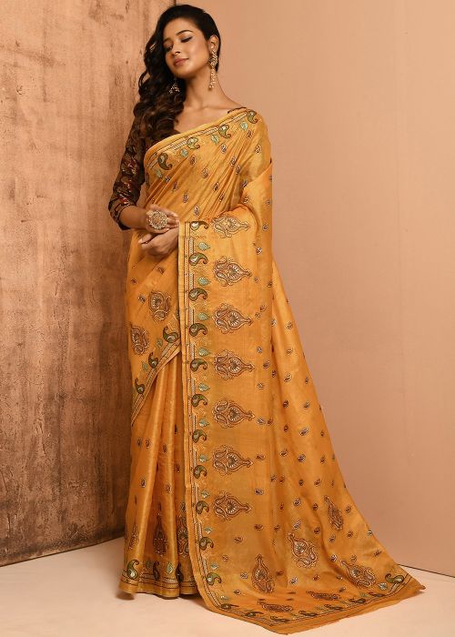 Yellow Banarasi Silk Saree With Resham Work