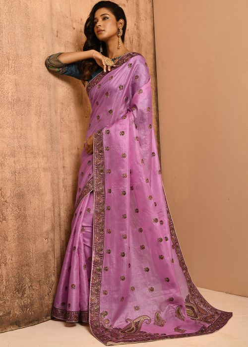 Purple Banarasi Silk Saree With Resham Work