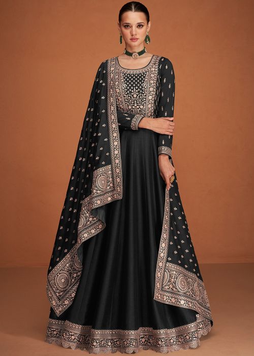 Black Embroidered Silk Anarkali Suit