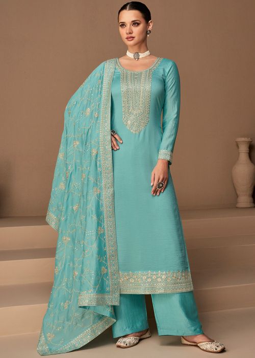 Blue Embroidered Palazzo Suit Set