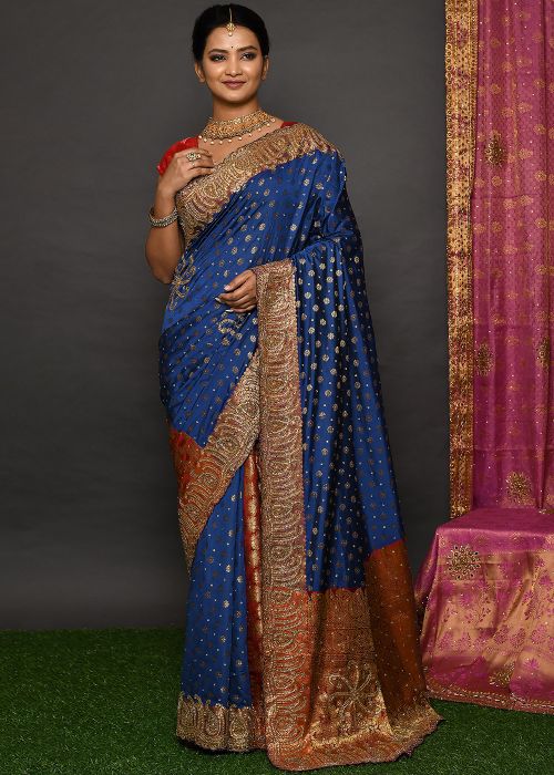 Navy Blue Embroidered Border Kanjivaram Silk Saree