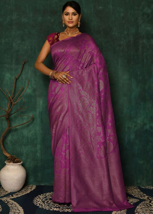 Purple Banarasi Silk Party Saree With Heavy Pallu