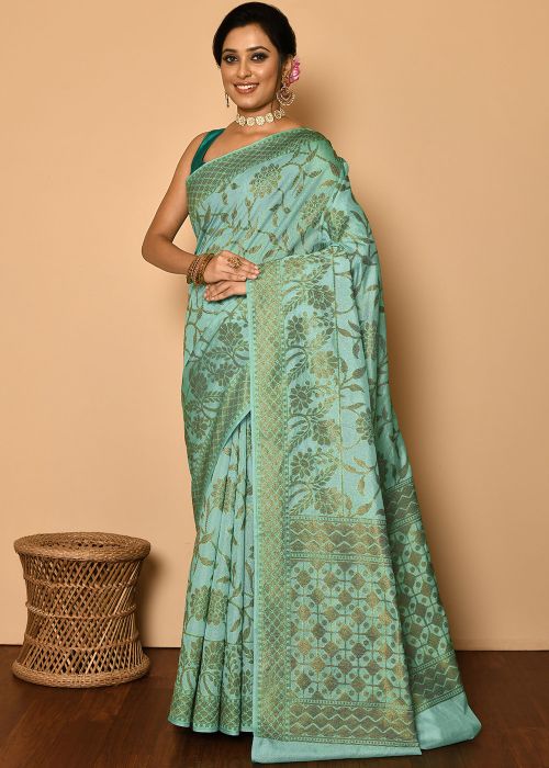 Turquoise Zari Woven Saree With Heavy Pallu
