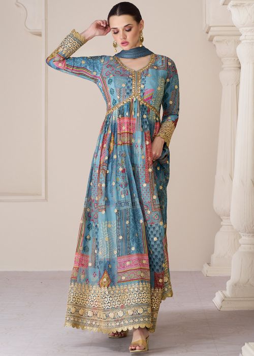 Indian Wear Online Shop USA: Readymade Blue Printed Organza Anarkali Suit & Dupatta