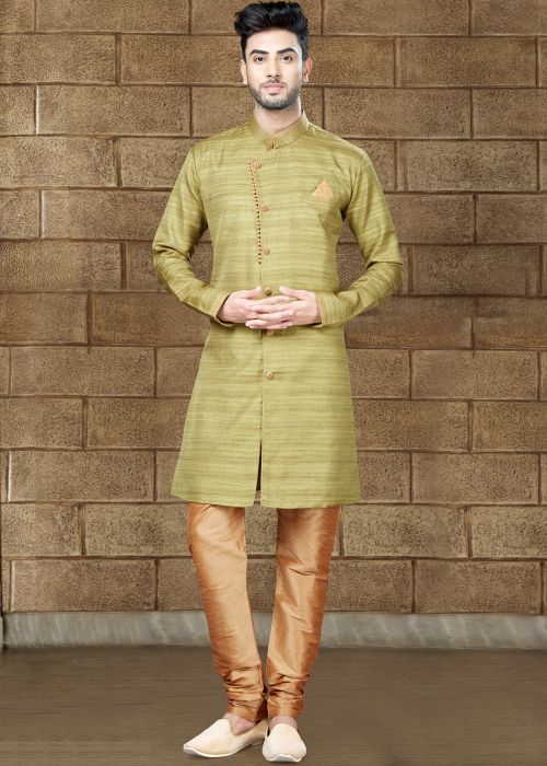 Readymade Olive Green Art Silk Sherwani with Churidar
