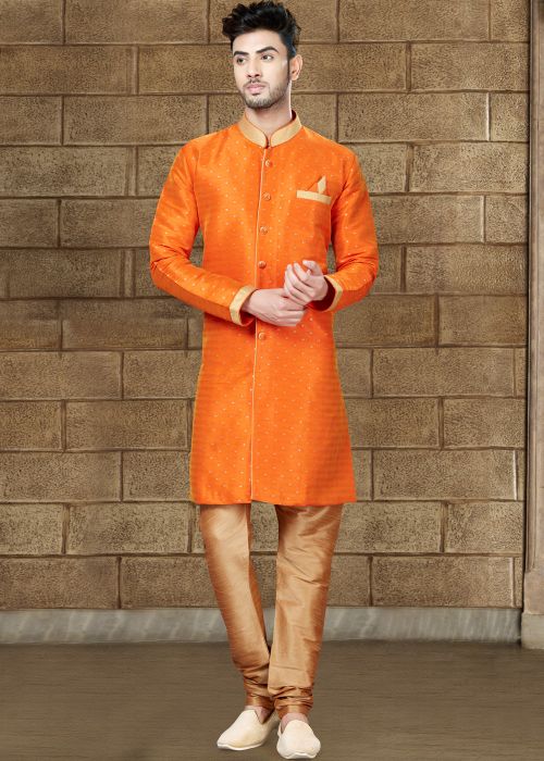 Buy Readymade Orange Woven Art Silk Indian Wedding Sherwani for Men Online