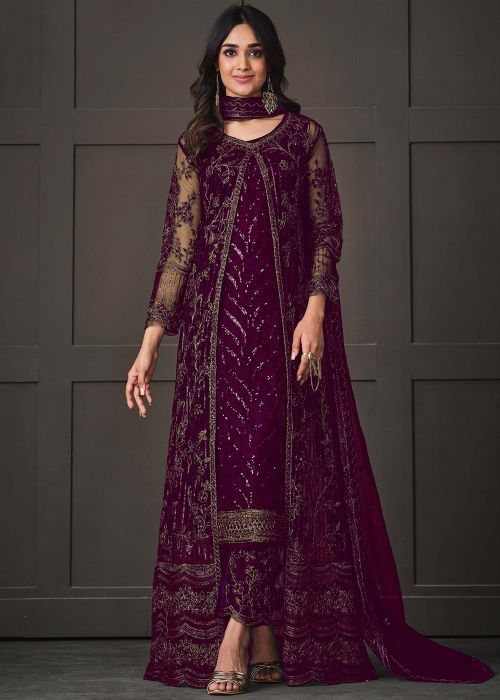 Purple Embroidered Jacket Style Pant Suit Set