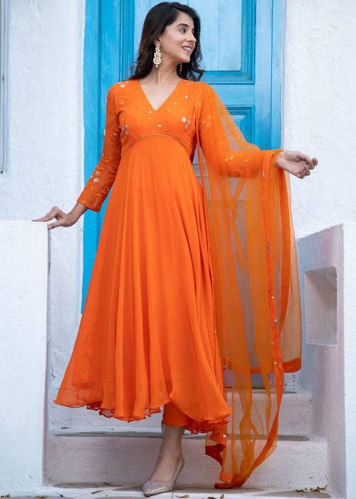 Orange Readymade Embroidered Anarkali Suit