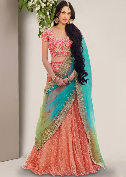 Beautiful Peach Embroidery Frilled Edge Net Indian Lehenga