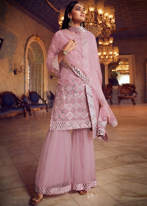 Pink Organza Sharara Suit With Mirror Work