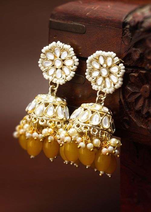 Yellow Alloy Based Kundan Jhumka