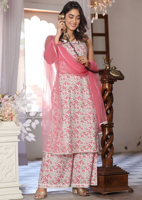 White Floral Printed Readymade Palazzo Suit
