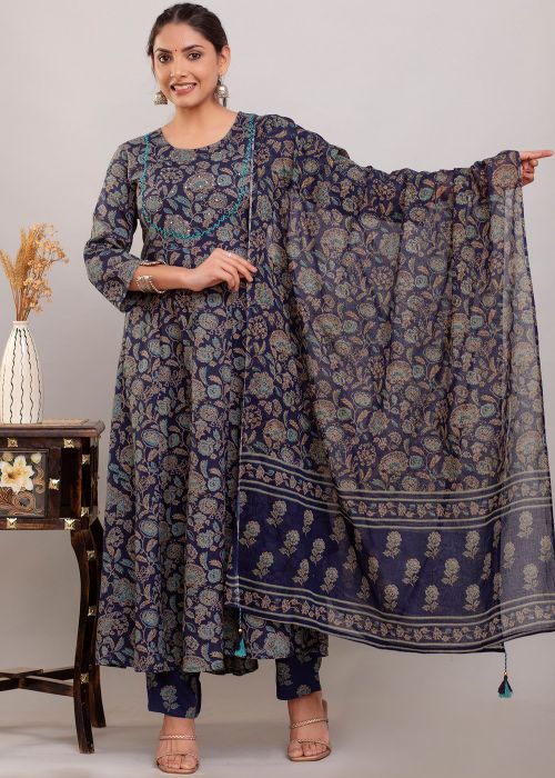 Blue  Readymade Floral Printed Pant Suit In Cotton