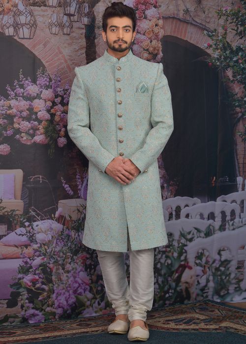Readymade Blue Chikankari Embroidered Sherwani Churidar Set