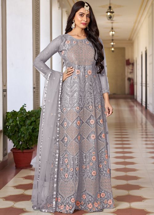 silver anarkali dress Andaaz Fashion Women's Light Grey Silver Zari Embroidered Organza Bridal Anarkali Salwar Suit