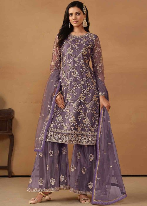 Purple Embroidered Gharara Suit Set In Net