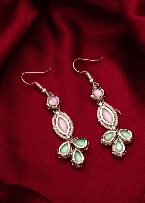Pink & Green Dangler Earrings In Stone Work