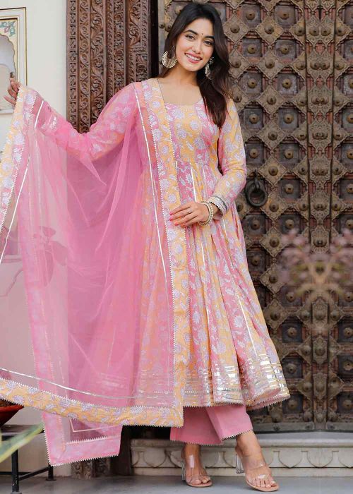 Pink Readymade Digital Printed Anarkali Suit In Cotton