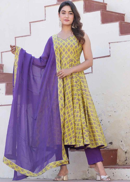 Yellow Readymade Digital Printed Pant Suit In Cotton
