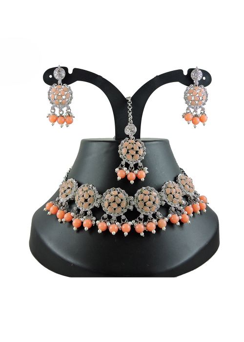 Peach Necklace Set In Stone & Beads Work