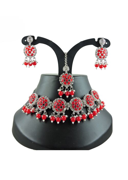 Red Beads & Stone Studded Necklace