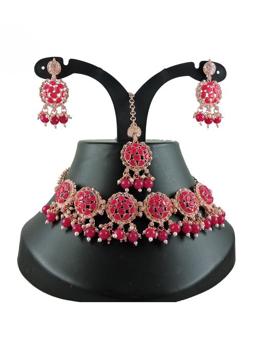 Stone Studded Necklace In Crimson Red 