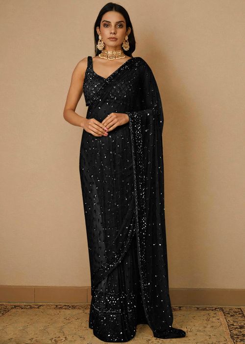 Black Net Saree In Sequins Work