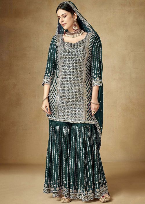 Green Embroidered Gharara Suit Set