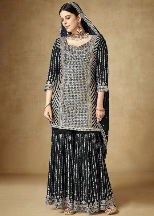 Black Embroidered Gharara Suit Set