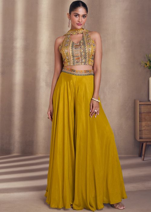 Yellow Embroidered Readymade Chiffon Crop Top With Palazzo