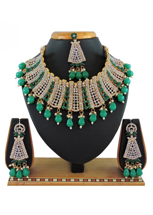 Green Beads & Stone Studded Necklace Set
