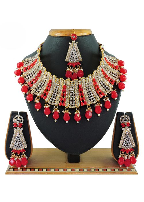 Red Beads & Stone Studded Necklace Set