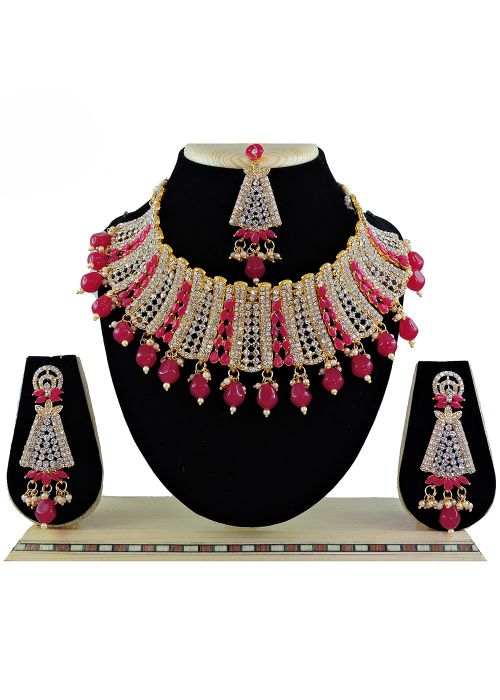 Pink Necklace In Stone & Beads Work 