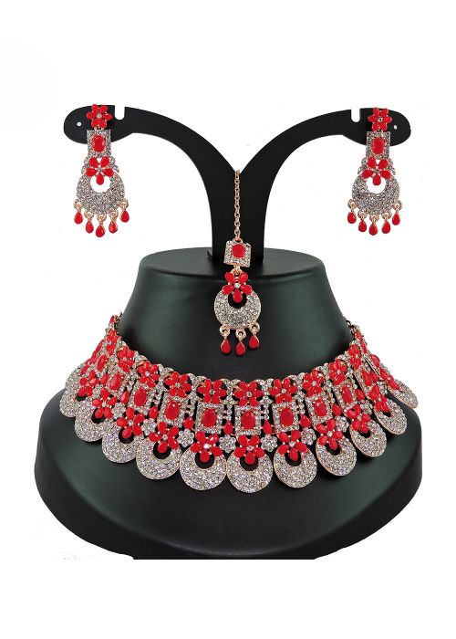Red Studded Stone Necklace Set