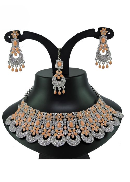 Peach Studded Stone Necklace Set