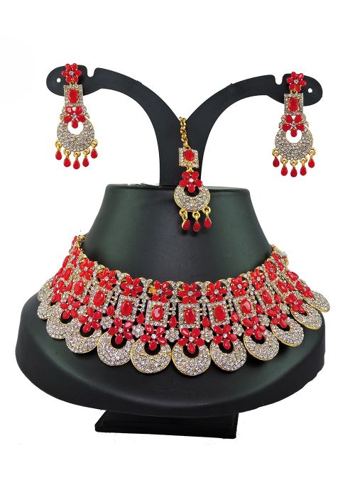 Red & White Stone Studded Necklace Set