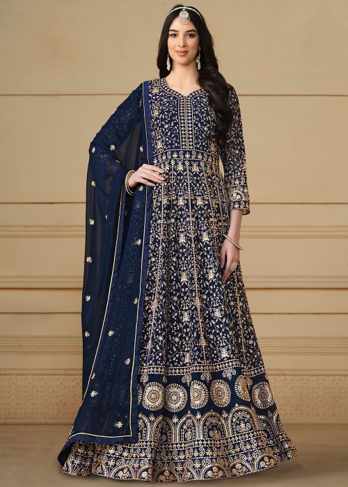 Blue Georgette Anarkali Suit In Thread Embroidery