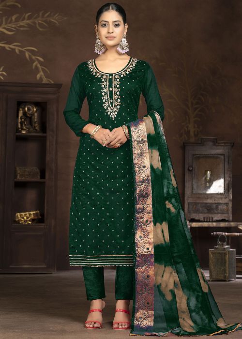 Green Art Silk Pant Suit In Stone Embellishment
