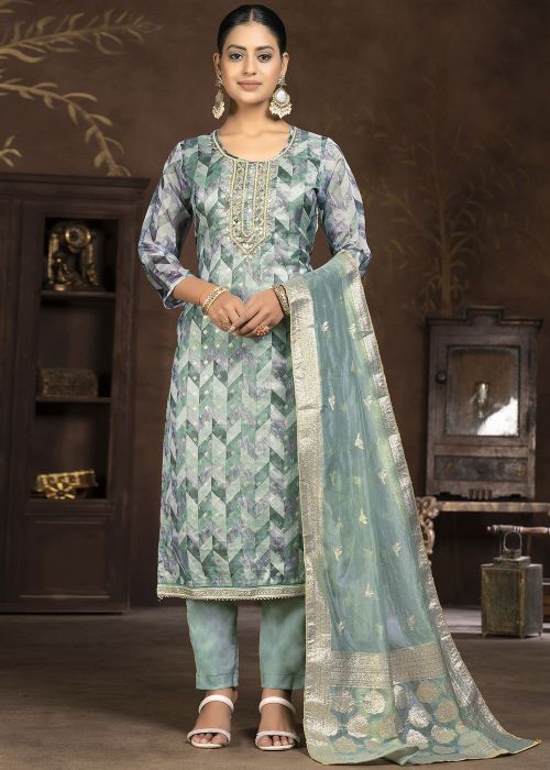 Grey Organza Pant Suit In Digital Print