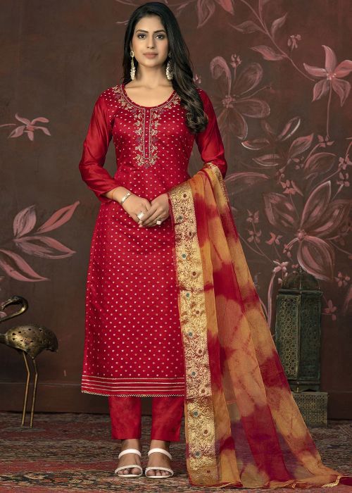Red Embroidered Art Silk Pant Suit