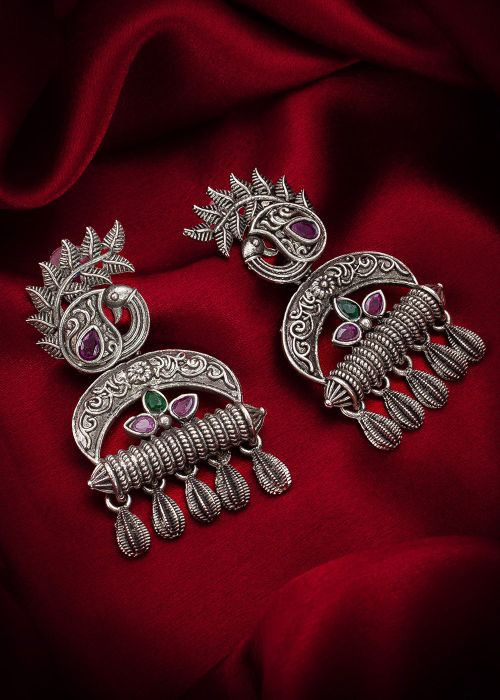 Silver Oxidised Stone Work Earrings
