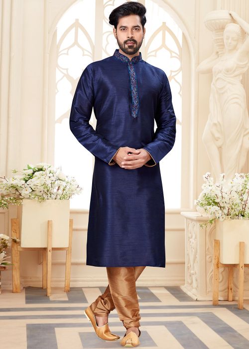 Readymade Navy Blue Dupion Silk Kurta With Churidar