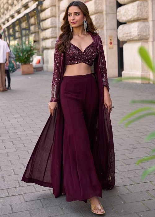Wine Georgette Jacket Style Top Bottom With Sequin Work