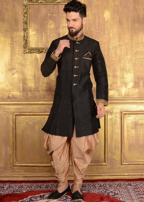 Sherwani for Men: Buy Readymade Black Art Silk Indian Sherwani Online