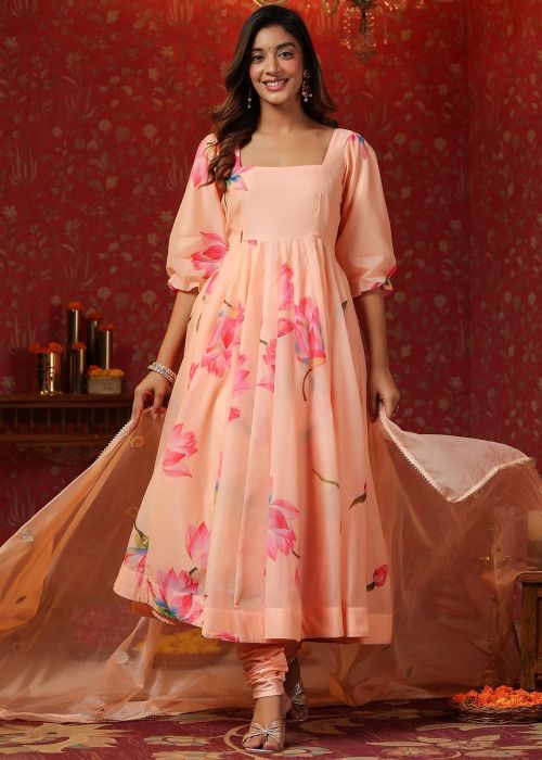 Readymade Peach Chanderi Anarkali Suit In Floral Print