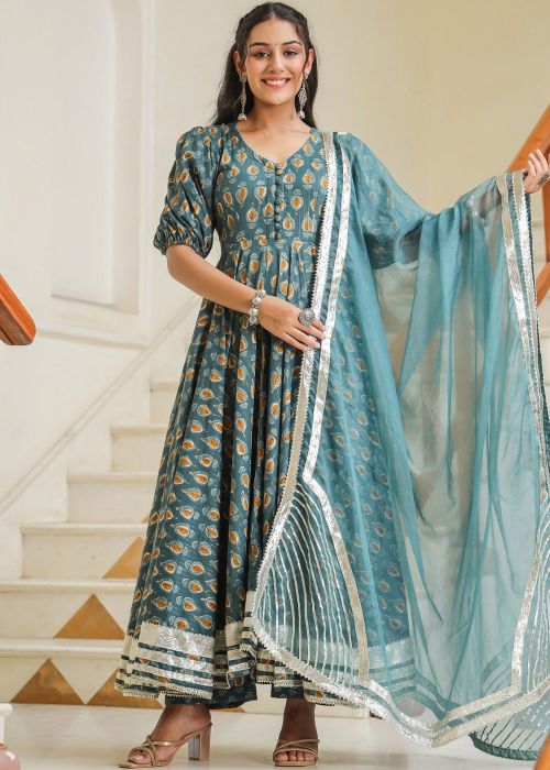 Blue Printed Anarkali Suit Set In Cotton