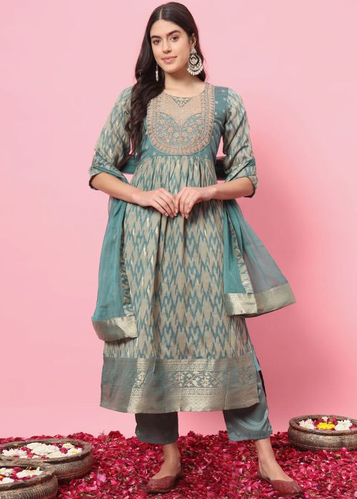 Blue Printed Readymade Pant Suit Set