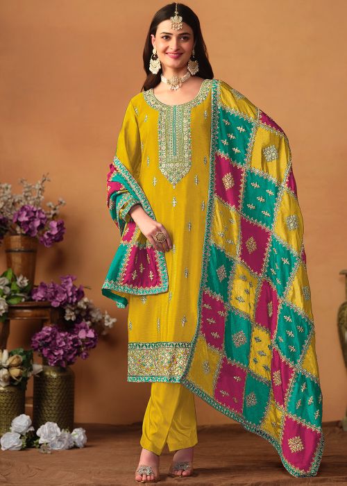 Yellow Embroidered Chiffon Pant Suit Set