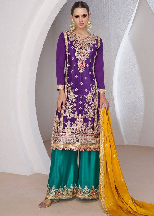 Purple Readymade Zari Embroidered Palazzo Suit Set