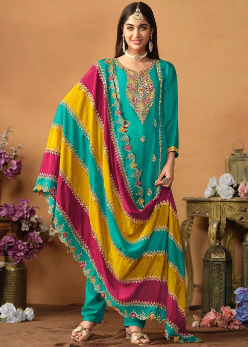 Blue Embroidered Pant Suit Set